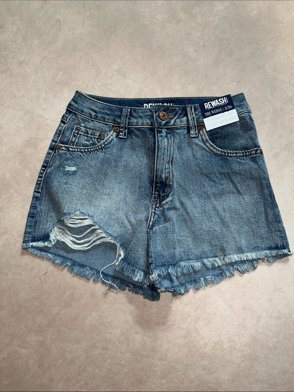 Rewash The Wedge Super High Rise Distressed Frayed-Hem Denim Shorts